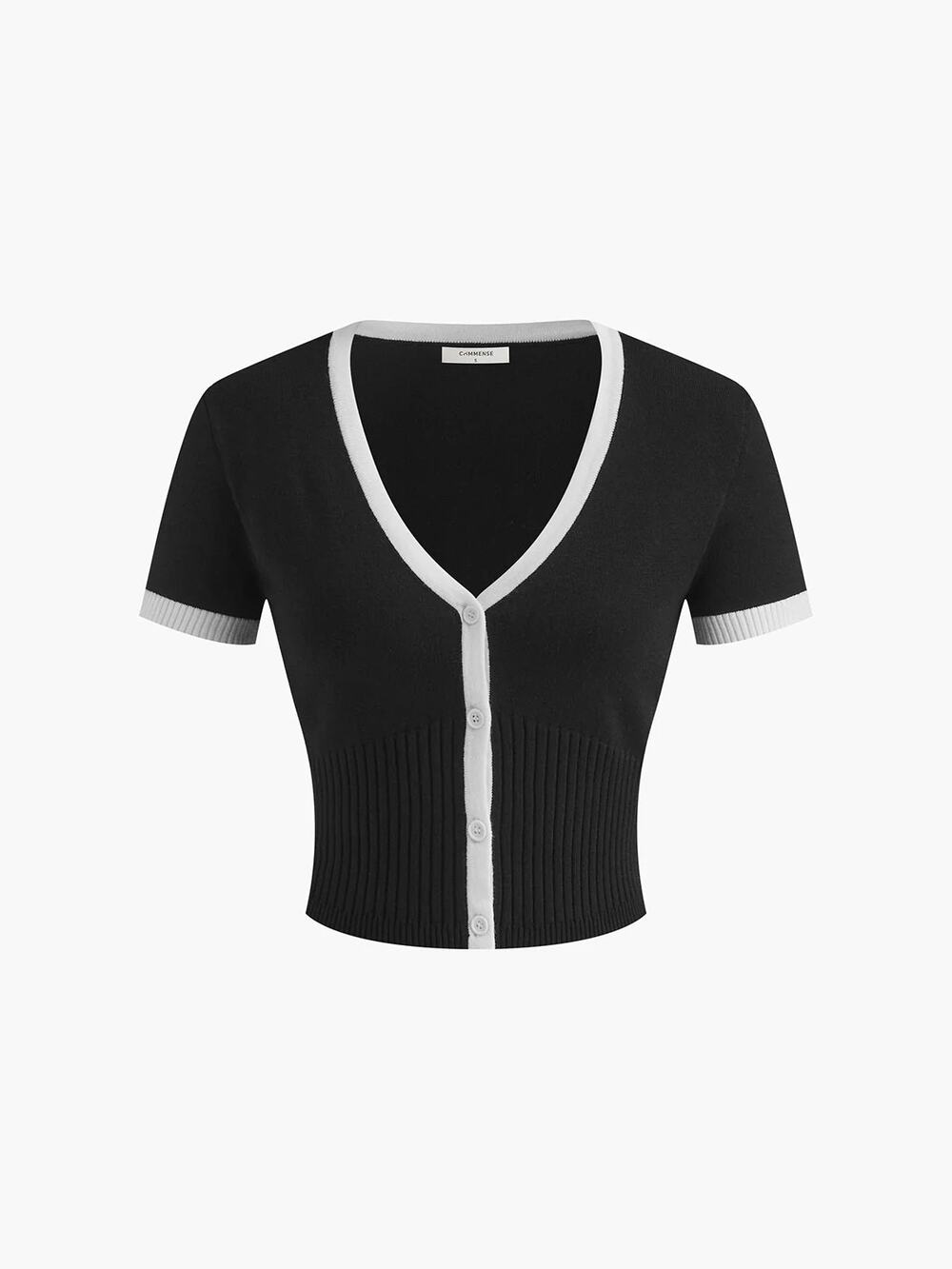 COMMENSE | Black/White Contrast Trim Ribbed Cropped Cardigan Slim Fit Top Preppy